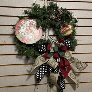 Holiday Horse Christmas Wreath, Farmhouse Decor, Pinecones, Bows, Happy Holidays